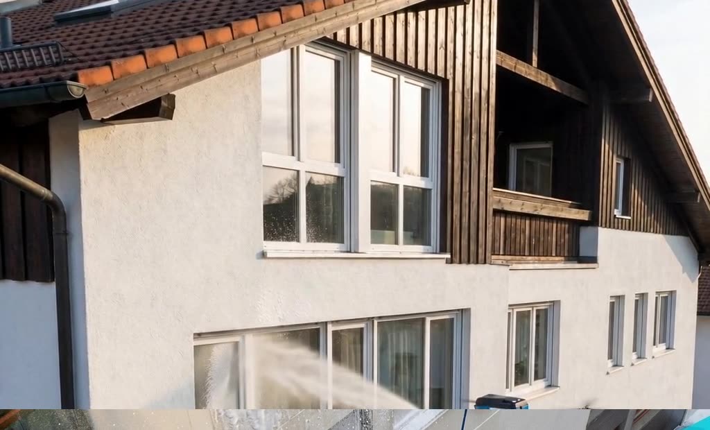 Drohne reinigt die Fassade eines Wohnhauses