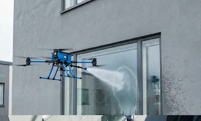 Drohne reinigt ein Fenster mit Wasserstrahl
