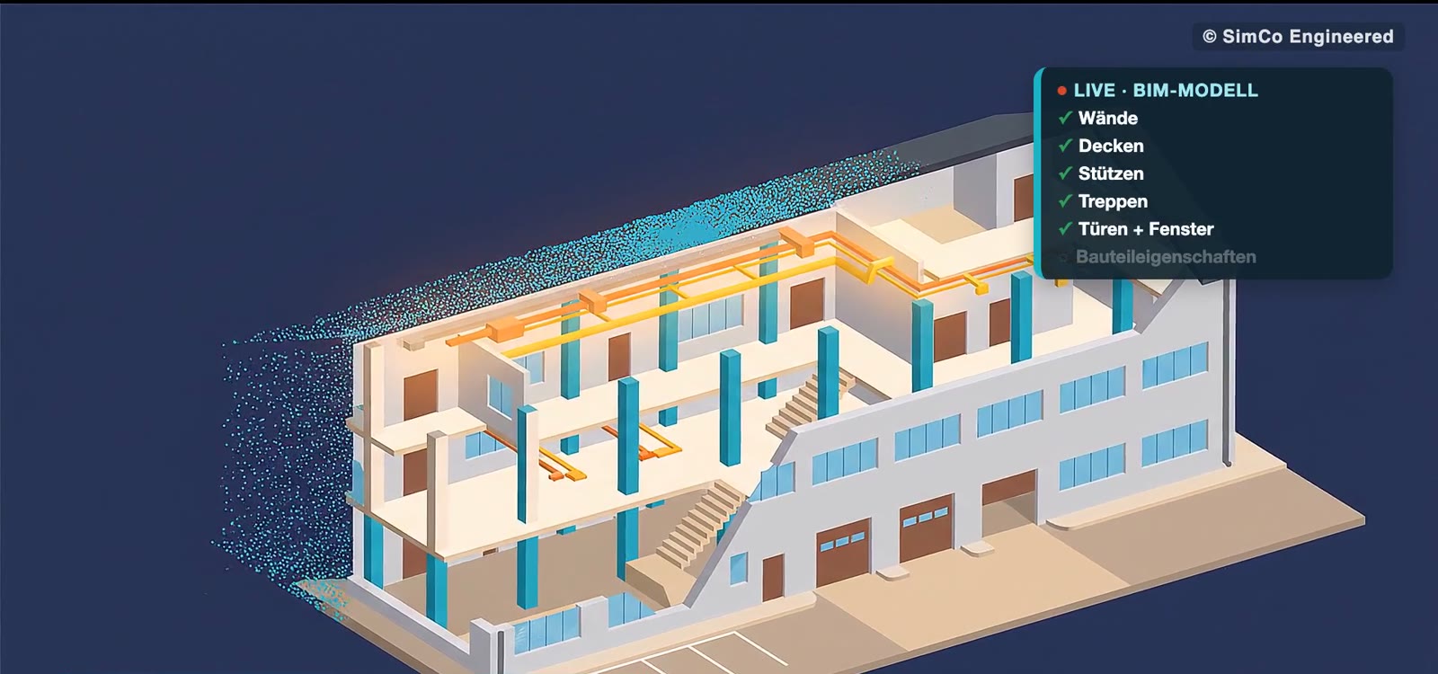 3D-BIM-Modell eines Gebäudes, Bauteile statt Linien (Illustration)