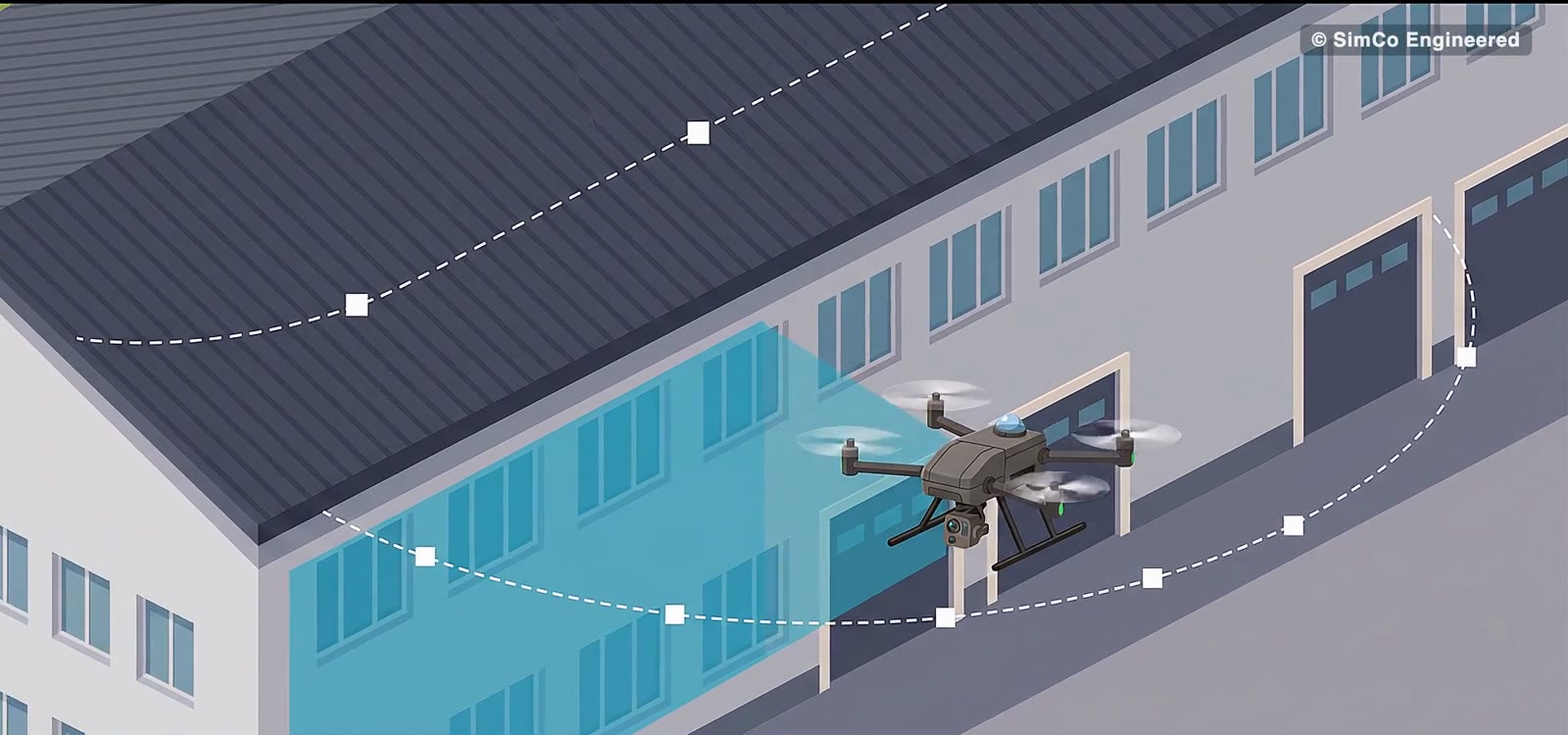Drohne fliegt die Fassade in Schrägaufnahmen ab (Illustration)