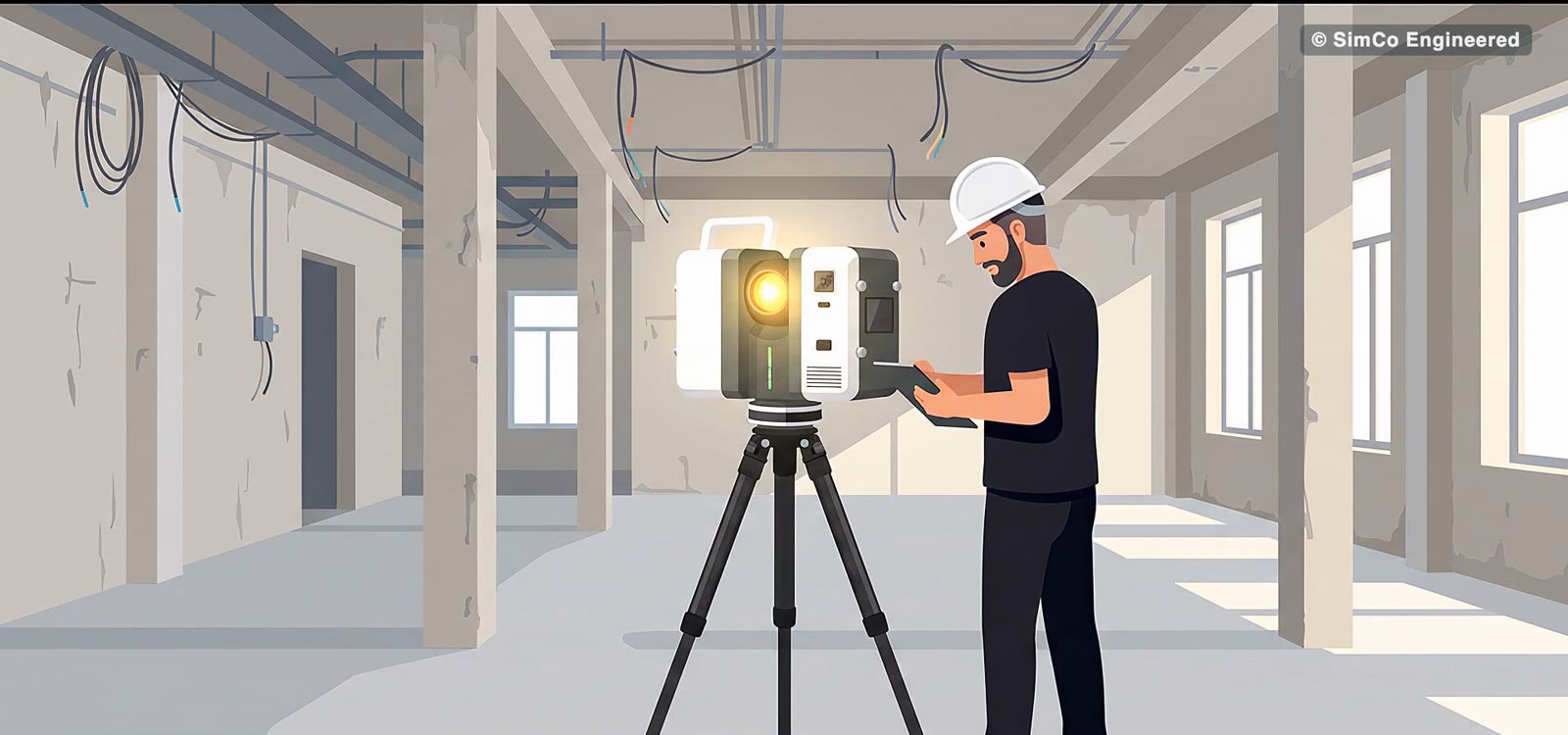 Terrestrischer Laserscanner auf Stativ in einer leeren Gewerbefläche (Illustration)
