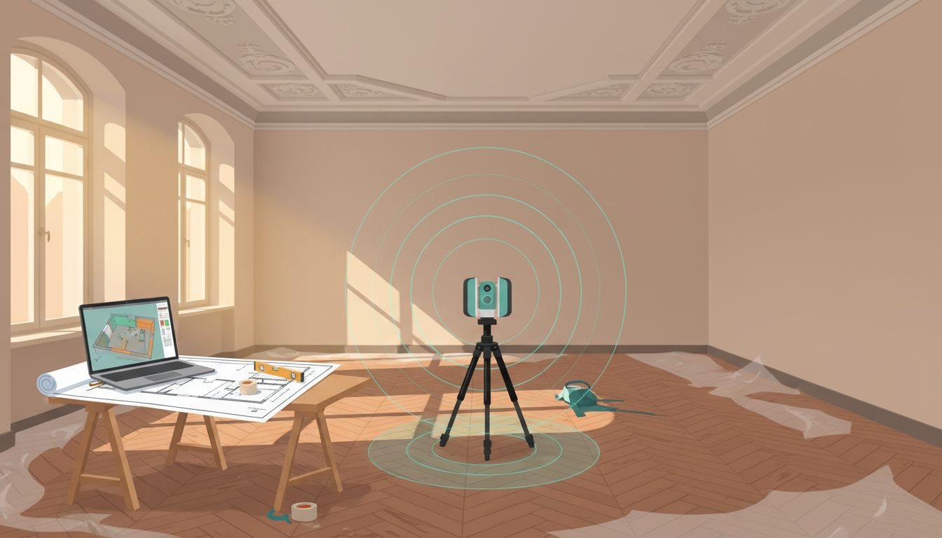 Altbauzimmer mit Laserscanner, Grundriss auf dem Tisch und 3D-Scan am Laptop