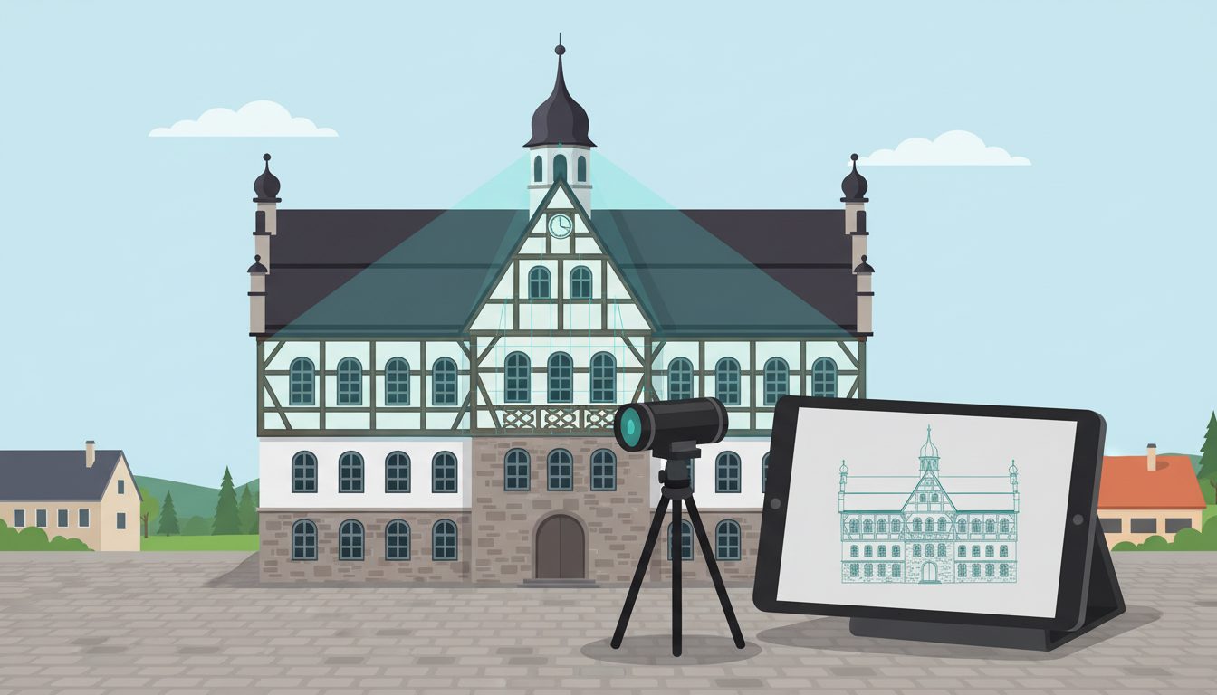 Historisches Rathaus mit Fachwerk, Laserscanner davor, Tablet zeigt die Fassade als Strichzeichnung