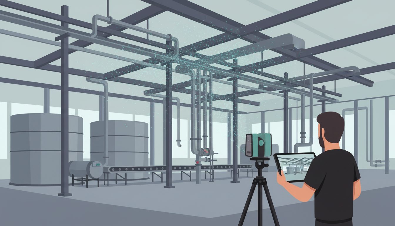 Industriehalle mit Rohrleitungen, Laserscanner auf Stativ erfasst die Anlage als Punktwolke