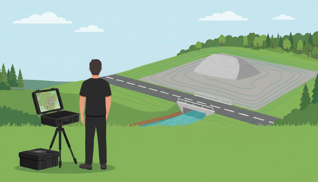 Gel&auml;nde mit Stra&szlig;e, Br&uuml;cke und Schotterhalde, H&ouml;henlinien als Gel&auml;ndemodell, Bodenstation im Vordergrund