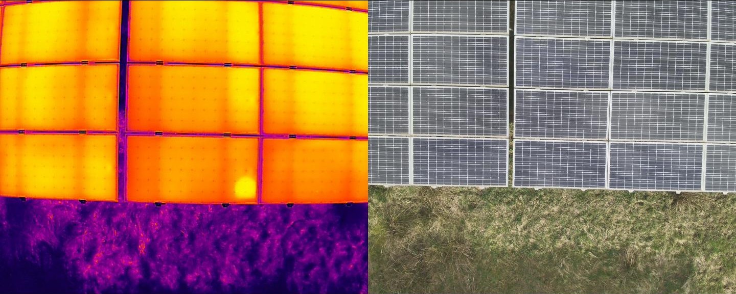 Links das Wärmebild, rechts das Echtbild einer Freiflächenanlage: ein Hotspot leuchtet im Thermogramm auf, im Echtbild ist er nicht zu erkennen.