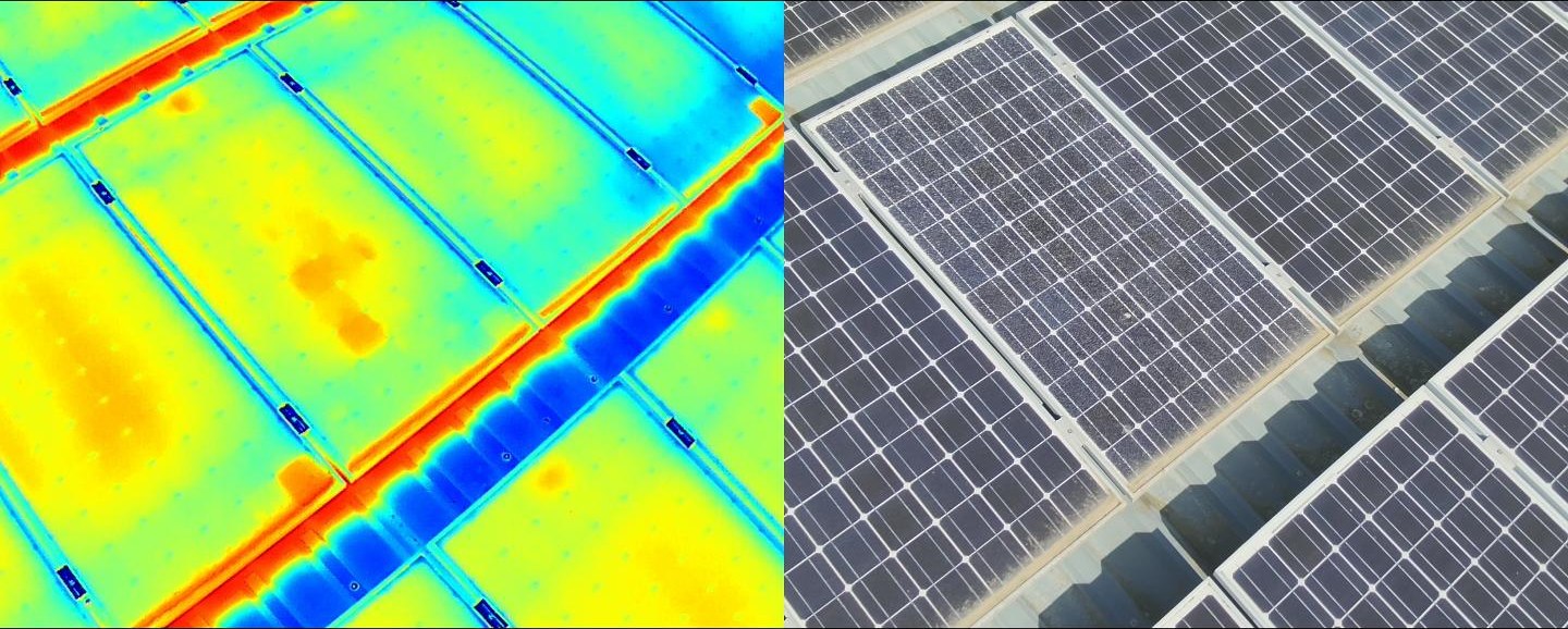 Links das Wärmebild, rechts das Echtbild derselben Photovoltaikanlage: die Temperaturverteilung über die Module wird erst im Thermogramm sichtbar.
