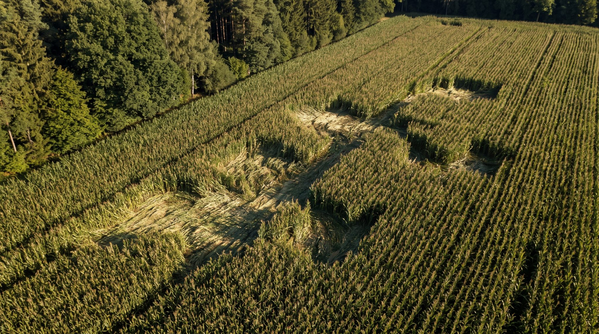 Luftaufnahme eines Maisfelds mit Wildschaden durch Schwarzwild