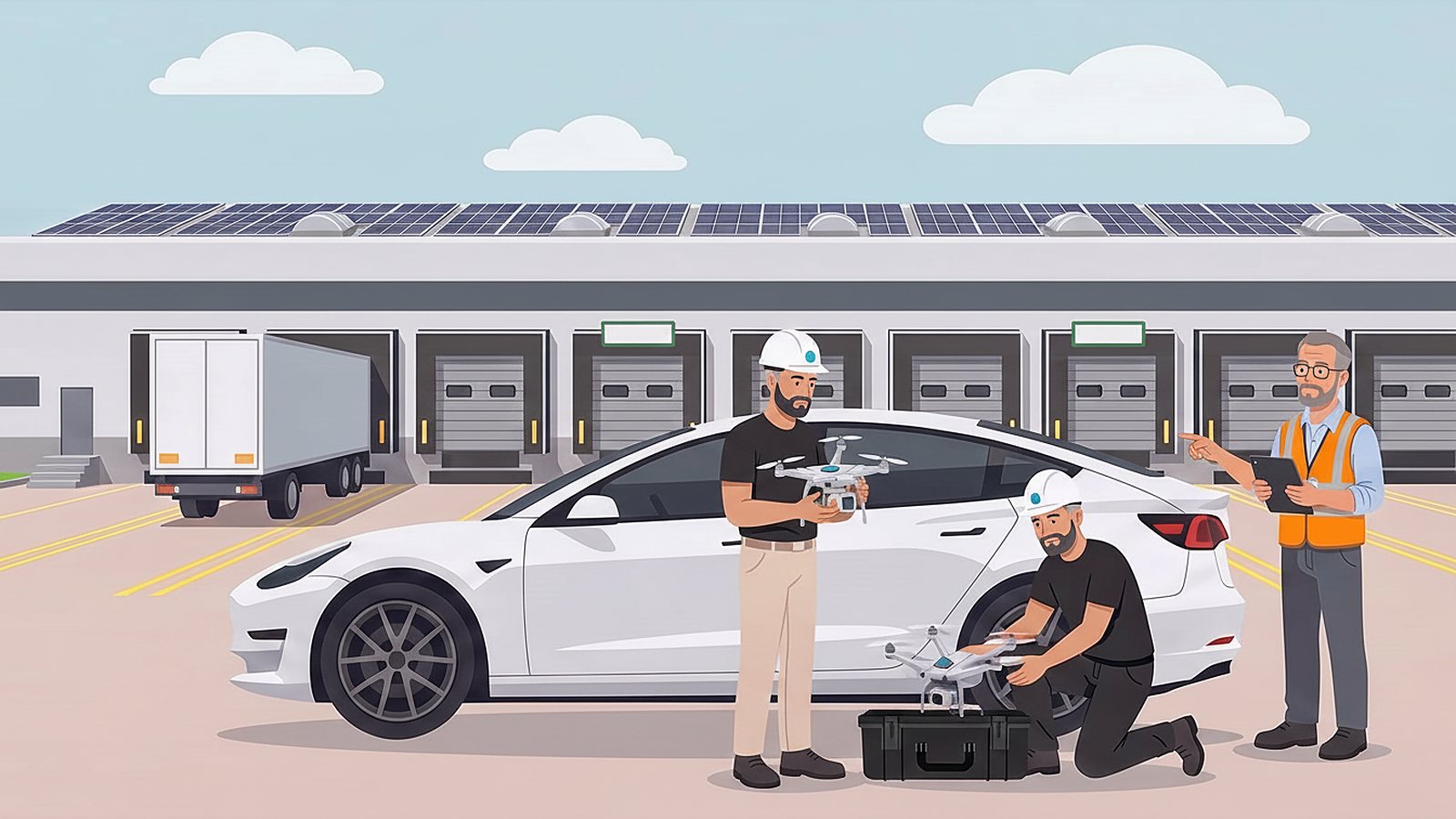 Team vor dem Logistikzentrum nach der Befliegung von Dach und Halle (Illustration)