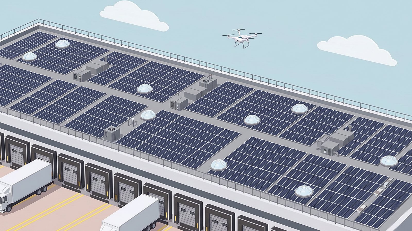 PV-Dach eines Logistikzentrums mit Lichtkuppeln und L&uuml;ftern aus der Luft (Illustration)