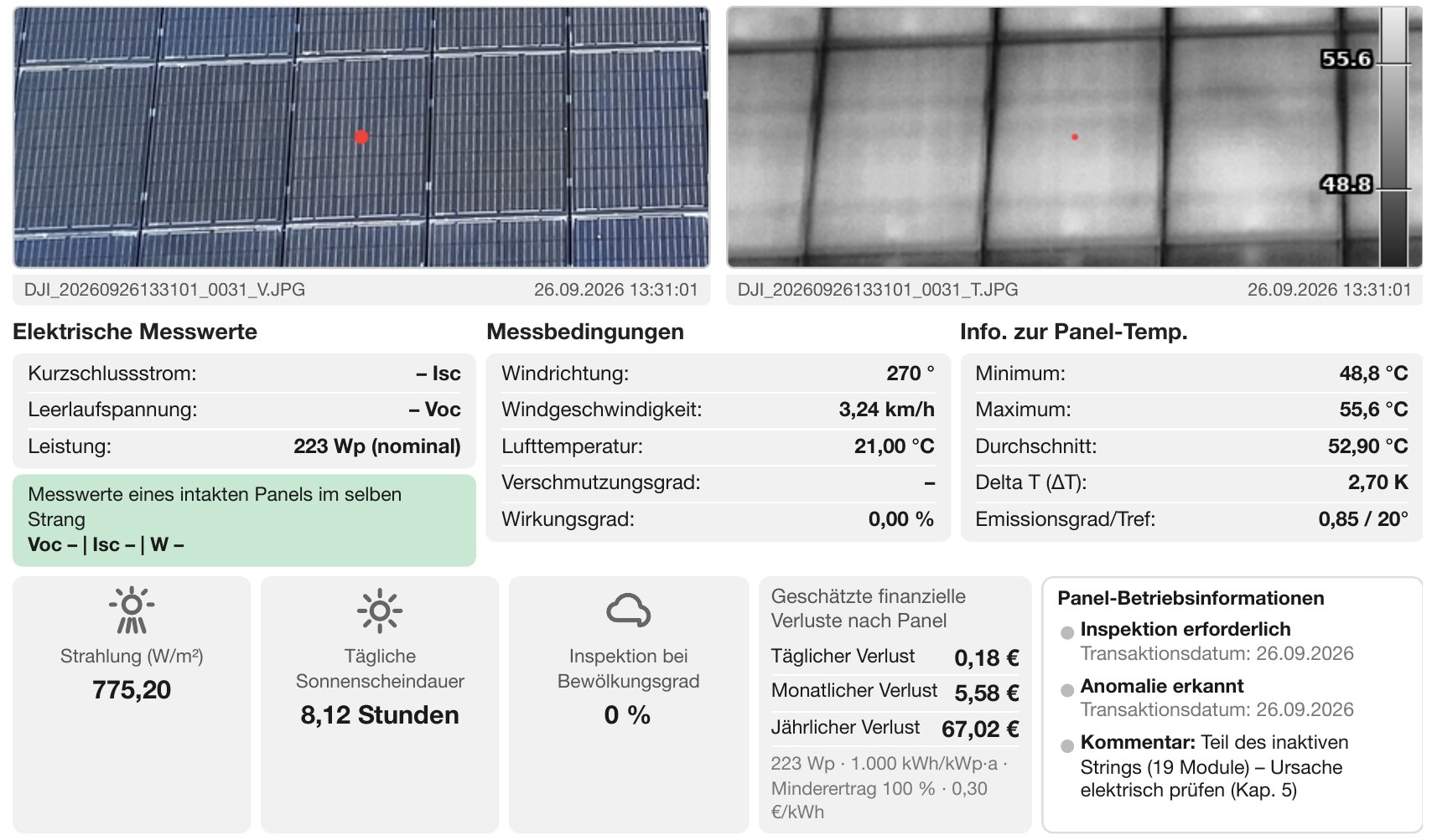 Ausschnitt aus einem SimCo-Inspektionsbericht: Bildpaar aus Optik und Wärmebild, Messbedingungen, Modultemperaturen und geschätzter Ertragsverlust